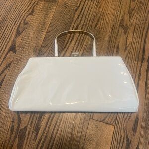 Vintage 1960s White Patent Leather Top Handle Frame Bag with Gold Hardware